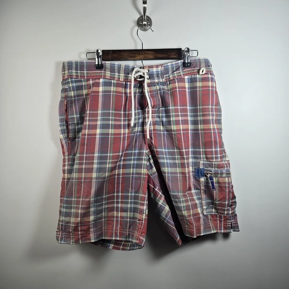 Lands' End Red Plaid Men's Swim Trunks